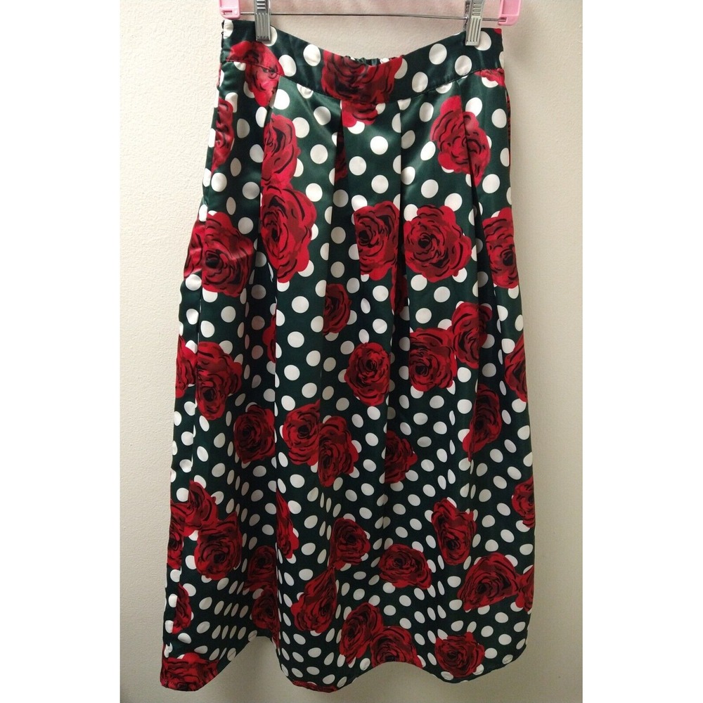 Maxi Green White Polka Dot Cabbage Roses Womens S Retro Voluminous Pleated Skirt